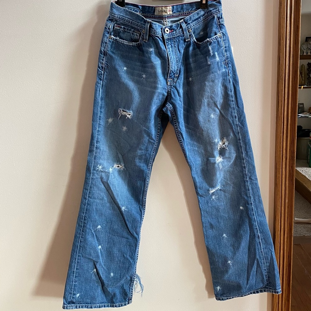 Men’s BKE Tyler Jeans Medium Wash Distressed with Paint Splatter Details 31x32